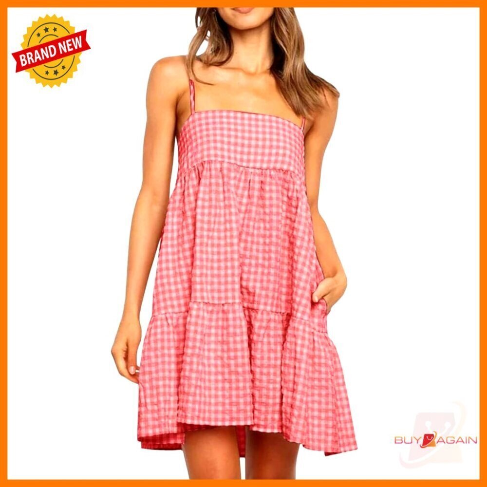 Plaid Mini Dress Spaghetti Strap Sleeveless A Line Beach Sundress with Pockets
